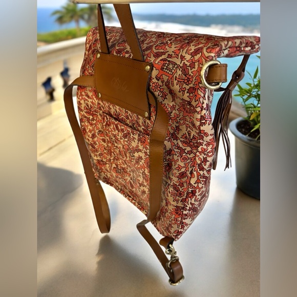 Patricia Nash LUZILLE orange and tan boho India leather backpack shoulder bag - Picture 5 of 11